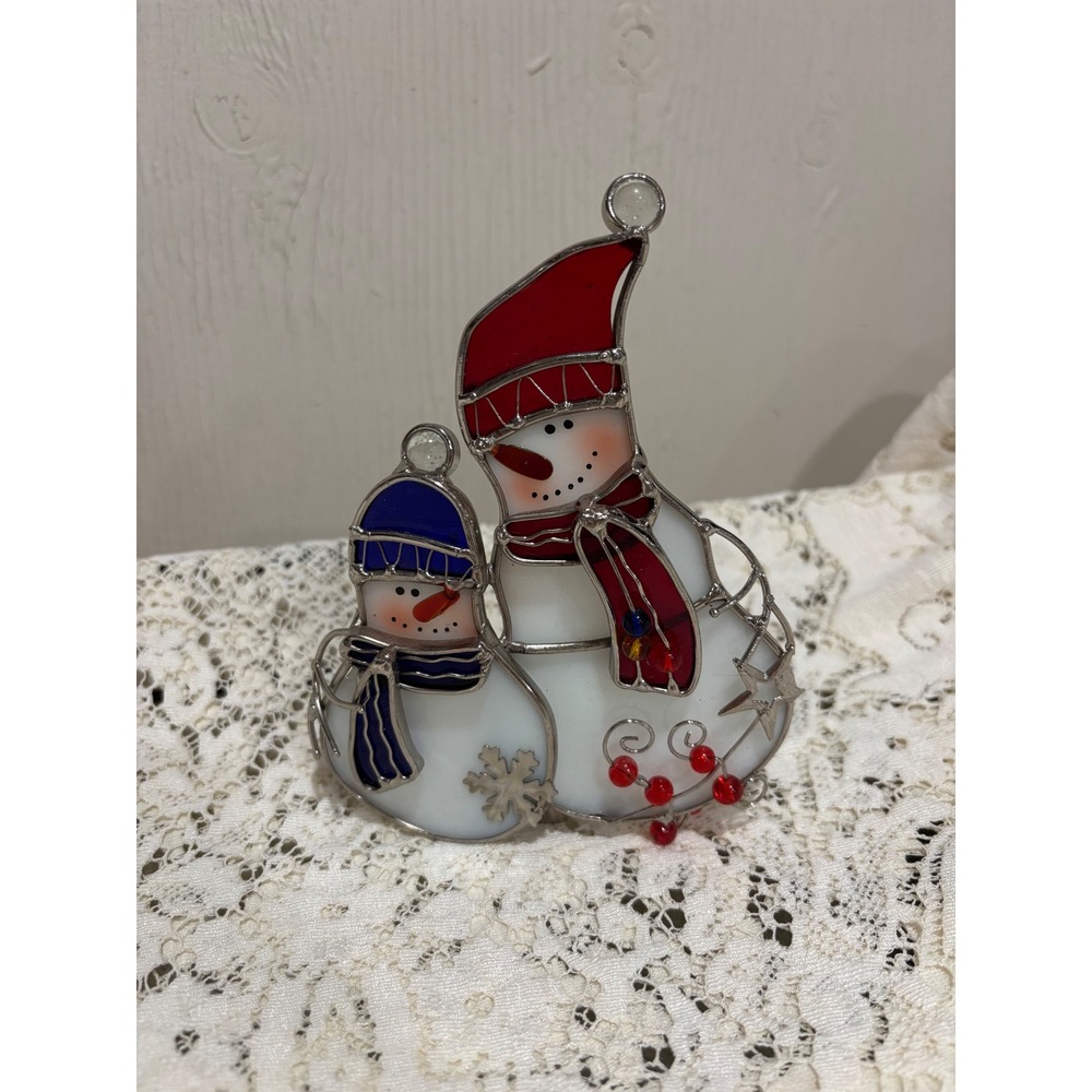 Stained Glass Snowman Family Figurine Holiday Winter Decor Red Blue White